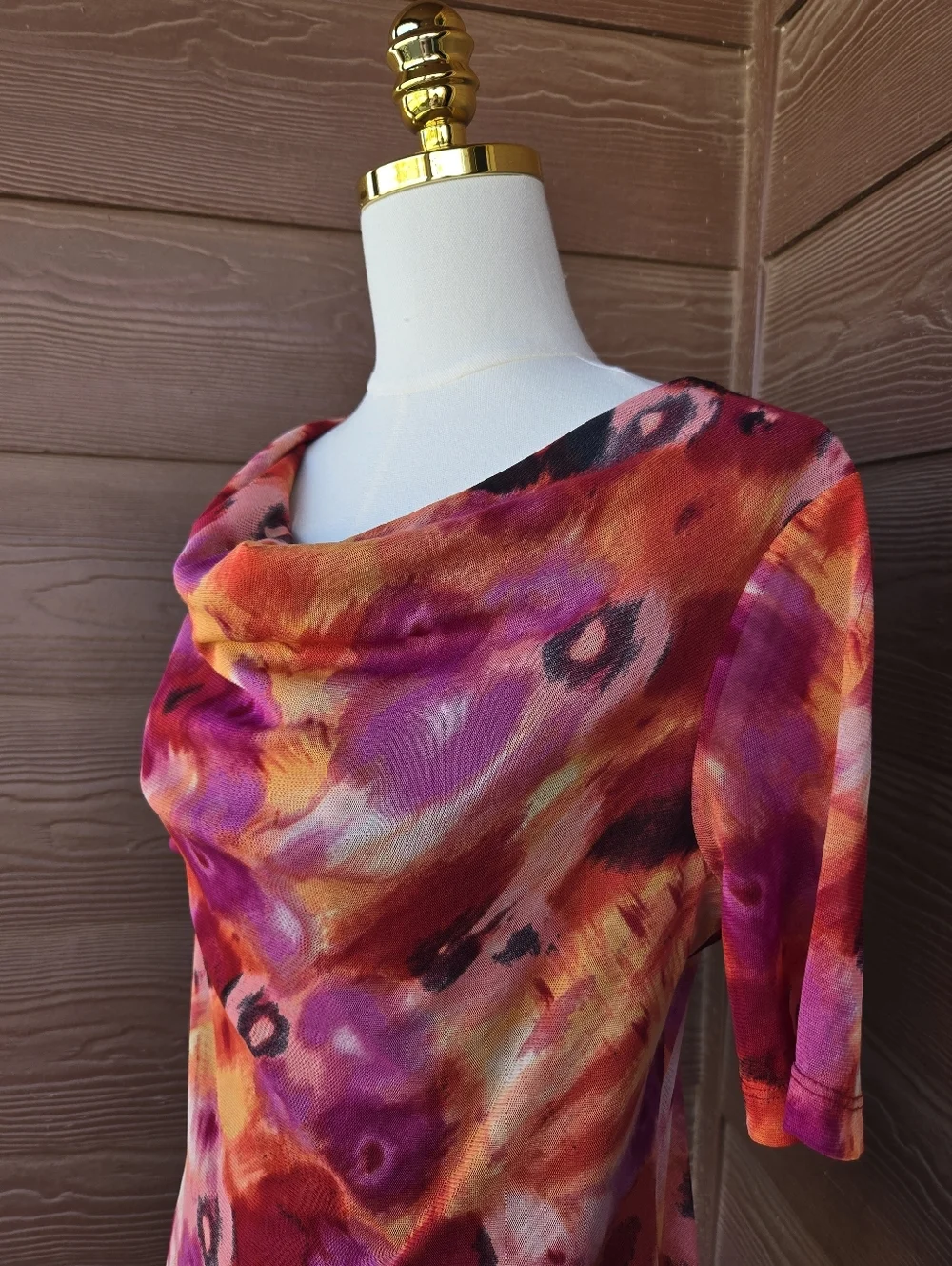 Ellen Tracy Stretch Colorful Mesh Floral Cowl Neck Women’s Top Size Medium NWOT